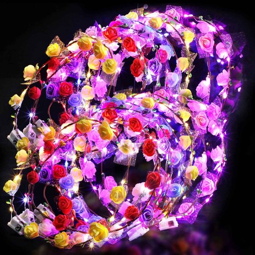 Chumia 50 Pcs LED Flower Crowns Headbands Light up Flower Hair Wreath Garlands Glowing Floral Headpiece for Halloween Girls Women Cosplay Holiday Wedding Party