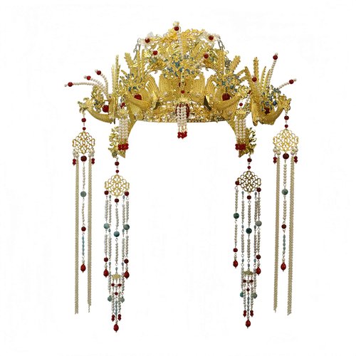 Chinese Wedding Bride Hair Accessory Chinese Crown Wedding Hair Accessories Golden Flower Floral Beaded Flapper Headband Jeweled Bridal Wedding Tiara (Phoenix)