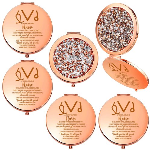 Fumete 4 Pcs CNA Nurse Week Gifts for Women Rose Gold Pocket Mirror Nurse Appreciation Gifts Folding Compact Makeup Mirror for Medical Assistant Birthday Friends