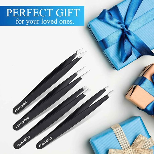 PeakTrend 4-Piece Tweezers Set, High Precision Stainless Steel Eyebrow Tweezers for Facial Hair, Inward Growing Hair and Splinter Remover Kit, Suitable for Women and Men with Leather Travel Case