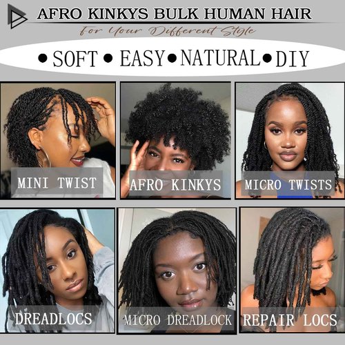 Haftaluv Afro Kinkys Bulk Human Hair 50g 16 Inch Nature Black Afro Kinky Curly Human Hair Bulk for Mini Twist, Braiding, Loc Extensions & Crochet, Dreadlocks, Braids and Repair Locs (16 Inch, 1b#)