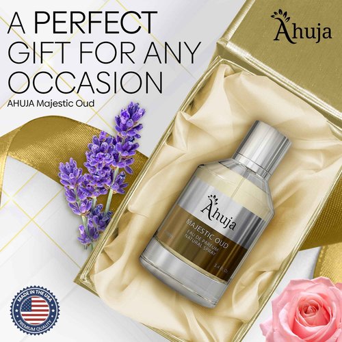 AHUJA Majestic Oud Eau De Parfum For Men & Women 3.4 fl oz, Long Lasting Luxury Fragrance for Him and Her, Unisex Perfume Enduring Nature Scents - Oud, Vanilla, Raspberry, Rose, Peony, Wood, Patchouli