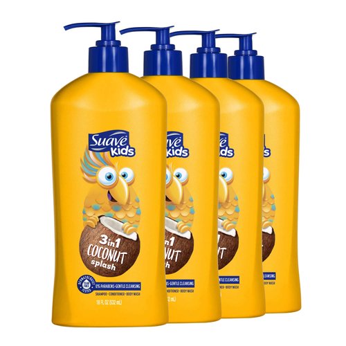 Suave Kids 3-in-1 Tear Free, Body Wash, Shampoo and Conditioners, Dermatologist Tested, Coconut Splash, 18 Oz Pack of 6