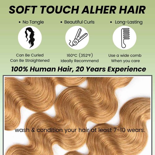 ALHER Long Deep Part 2x6 Lace Closure Honey Blonde Color 27 Body Wave, Sun-kissed Vibe Golden Blonde 2x6 Kim K HD Lace Closure Pre Plucked With Baby Hair, 12A 100% Virgin Remy Human Hair Closure 14 IN