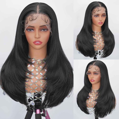 Looxey Lace Front Wigs for Black Women 13X6 Long Layered Straight Wig with Baby Hair Synthetic Hair Soft As Human Hair 24 Inch 1B Black Pre Plucked Bleached Knots Glueless Wig