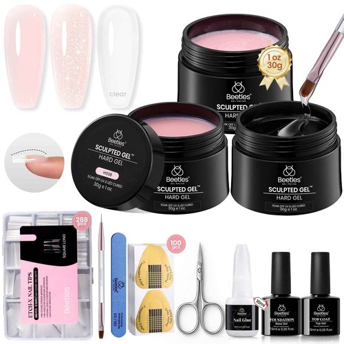 Beetles Hard Gel for Nails Kit,3 Colors 9 in 1 Clear Nude Glitter Sculpted Gel Nail Extension Sculpting High Hardness for Salon Professionals Women,Nude Pink & Clear Builder Nail Gel UV & LED Cured