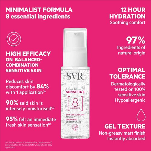 SVR Sensifine Aqua Gel Face Moisturizer with Glycerin, Aloe Vera & Panthenol. Instantly Soothe & Intensely Moisturize Normal to Combination, Sensitive Skin. Fragrance Free, 1.3 Fl.oz.