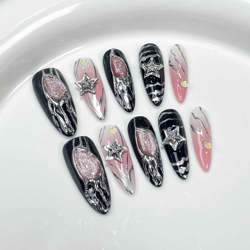 Wsliana Handmade Press On Nails - Y2K Cool Girl Design, Suitable for Women and Girls, Long Almond Shape, 10pcs Glue On Acrylic Fake Nails with Storage Box | Salon Quality | Trendy Nail Kit (072, S)