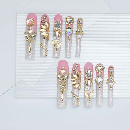 Tmani 10pc/set Extra Long Handmade Press On Nail Hot Girl's Long Ballet Nails Square Nail Full of Diamond Glitter Decoration Fake Nails Suitable For Girls Festival Parties and Birthday Gift(Pink,L)