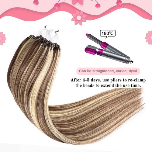 Kpvxxve Micro Beads Hair Extensions Real Human Hair Brown with Bleach Blonde Micro Link Human Hair Extensions 14 Inch #4/613 Micro Loop Hair Extension 50g 1g/s