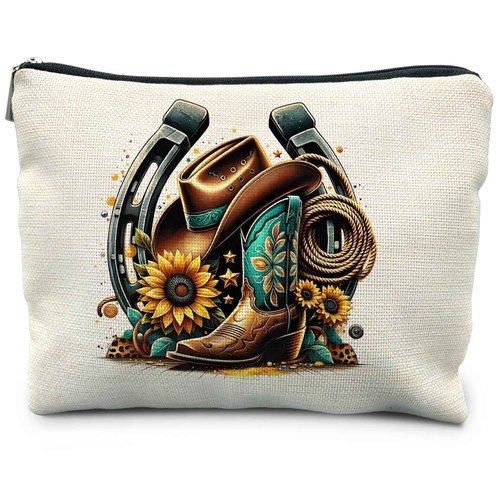 RYYCDOI Country Girl Sunflower Makeup Bag - Cowgirl Boots Cosmetic Toiletry Pouch for Women - Western Gift