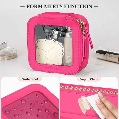 MSTONAL Clear Makeup Bag, Travel Toiletry Bag Cosmetic Case for Women, Waterproof Portable Small Make Up Skincare Pouch with Zipper, Compact Car Organizer Bag for Essentials, Mini Size, Hot Pink