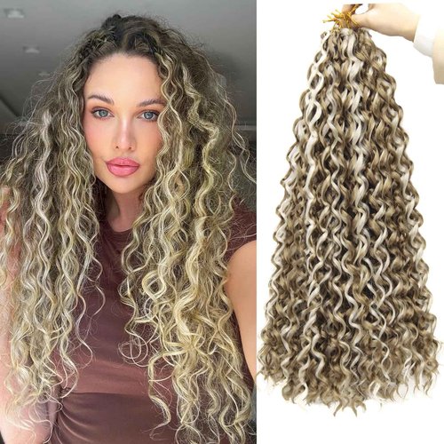 YXCHERISHAIR GoGo Curl Crochet hair Water Wave Crochet hair blonde Synthetic Bohemian Crochet Braid Deep Wave Braiding hair Extensions (18inch,7Packs,P27/613)