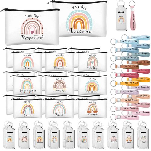 Hushee 60 Pcs Rainbow Makeup Bags Sets Inspirational Gifts Bulk for Women Motivational Cosmetic Bags Silicone Keychain Rainbow Lipstick Holder Teacher Appreciation Gift for Birthday Graduation