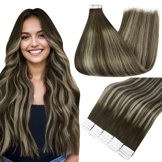 Full Shine Tape in Extensions Color 2 Fading to 60 Blonde Highlight 2 Darkest Brown Balayage Tape For Hair Extensions 12Inch Invisible Short Hair Extensions Tape in 30G 20Pcs Tape in Human Hair