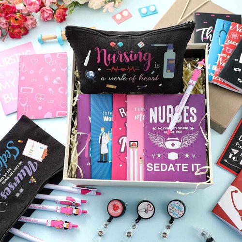 Yeaqee 48 Pcs Nurse Christmas Appreciation Gifts Set Bulk Include Makeup Cosmetic Bag Pocket Journal Notebooks Ballpoint Pen Badge Reel for Christmas Women Rn Assistant Student(Black,Nursing)