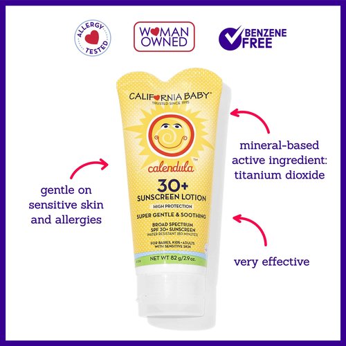 California Baby Calendula SPF 30+ Sunscreen | Mineral Based | Titanium Dioxide | Travel Size Baby Sunscreen for Face + Body | Lavender Scent | 2.9oz
