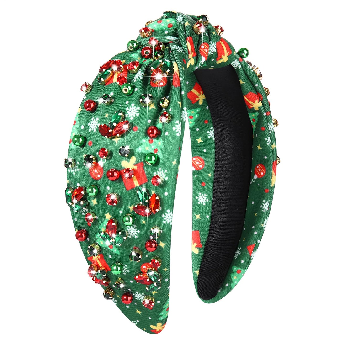 Christmas Headband Crystal Knotted Headbands for Women Girls Red Green Rhinestone Jeweled Embellished Wide Top Knot Hairband Xmas Holiday Party Hair Accessories (Green-Box Print)