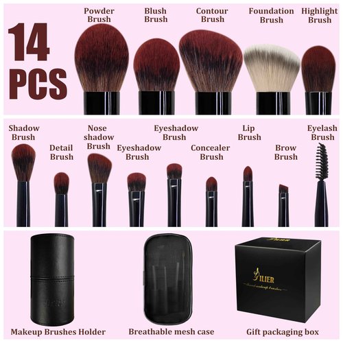 Jilier Travel Makeup Brush Set, 14 pcs Mini Makeup Brushes for Foundation, Powder, Eyeshadow, Highlight, Contour, Blush & Concealer, Small Makeup Brush Set Purse Size with Case