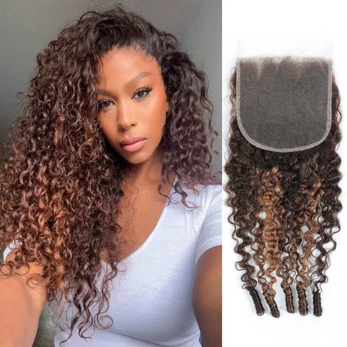 DSEKCAIN Highlight 5x5 Burmese Curly Closure P4/27 100% Real Human Hair Burmese Curly With Spiral Curl End 5x5 Transparent HD Lace Closure Brown Honey Blonde Piano Color 12 Inch