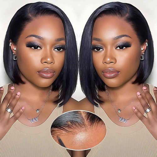 Wear and Go Glueless Bob Wig Human Hair Pre Plucked Pre Cut 180% Density 5x5 HD Transparent Lace Front Wigs Human Hair for Black Women Short Straight Bob Wigs No Glue Lace Closure Wigs 10 Inch