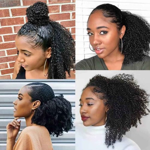 Afro Puff Drawstring Ponytail Human Hair Afro Kinky Curly Drawstring Ponytail 4C for Black Women Natural Black Extension Human Hair 12 Inch