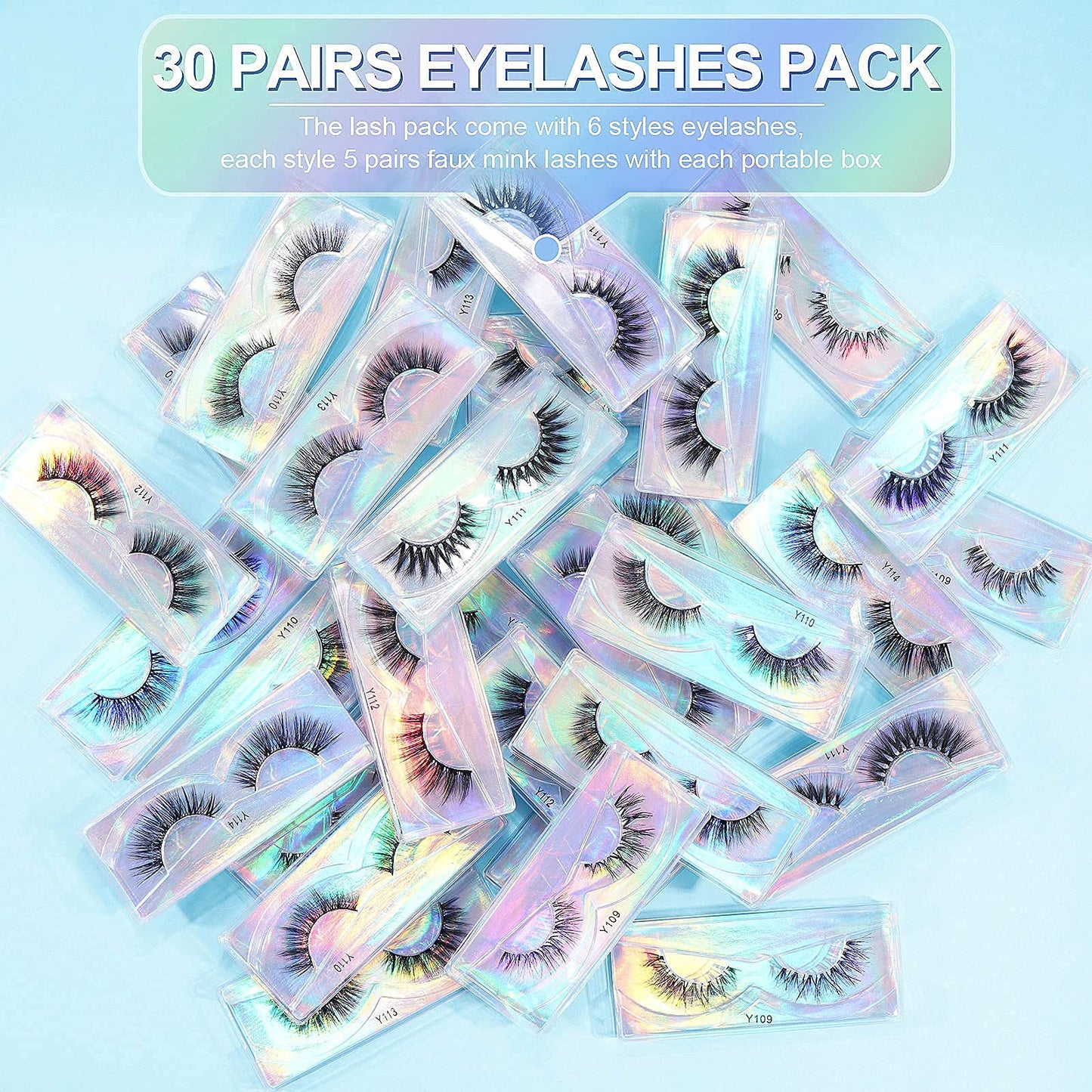 30 Pairs Lashes, New 6 Style Eyelashes Natural Look to Dramatic Long False Eyelashes, Handmade Reusable Fake Eyelashes (30 Pairs with Portable Boxes)