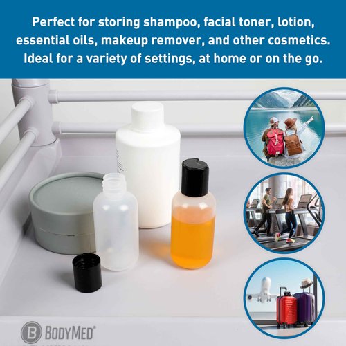 BodyMed 50 Pcs 2 oz. Clear Plastic Dispenser Bottles with Caps - LDPE Pliable Material & Leak Proof - Refillable, Mini Squeeze Bottles for Shampoo, Lotion, Essential Oils