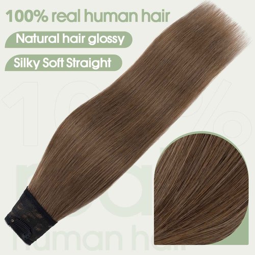 S-noilite One Piece Clip in Hair Extensions Human Hair One Piece/5 Clips 3/4 Full Head V Part Weft Thicker Hair Lace Net One Piece Hair Extensions Clip in Human Hair (12"-50g,#06 Light Brown)