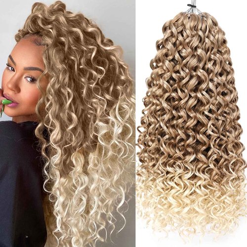 Unionbeauty 8 Pack GoGo Curl Beach Curl Curly Crochet Hair - Ocean Wave 18 Inch Water Wave - Ombre Blonde Synthetic Curly Braiding Hair Extension T27/613#