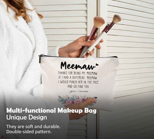 QGFM Funny Meemaw Gifts Makeup Cosmetic Bag - Memaw Mothers Day Gift, Memaw Grandma Gifts from Grandkids, Memaw Birthday Gifts, Best Grandma Gifts, Meemaw Floral Small Makeup Bag for Purse