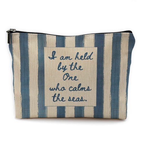 Yomisex Inspirational Christian Makeup Bag for Women, Bible Verse Ocean Beach Cosmetic Bags Toiletry Bag, Blue and Beige Striped Religious Makeup Pouch
