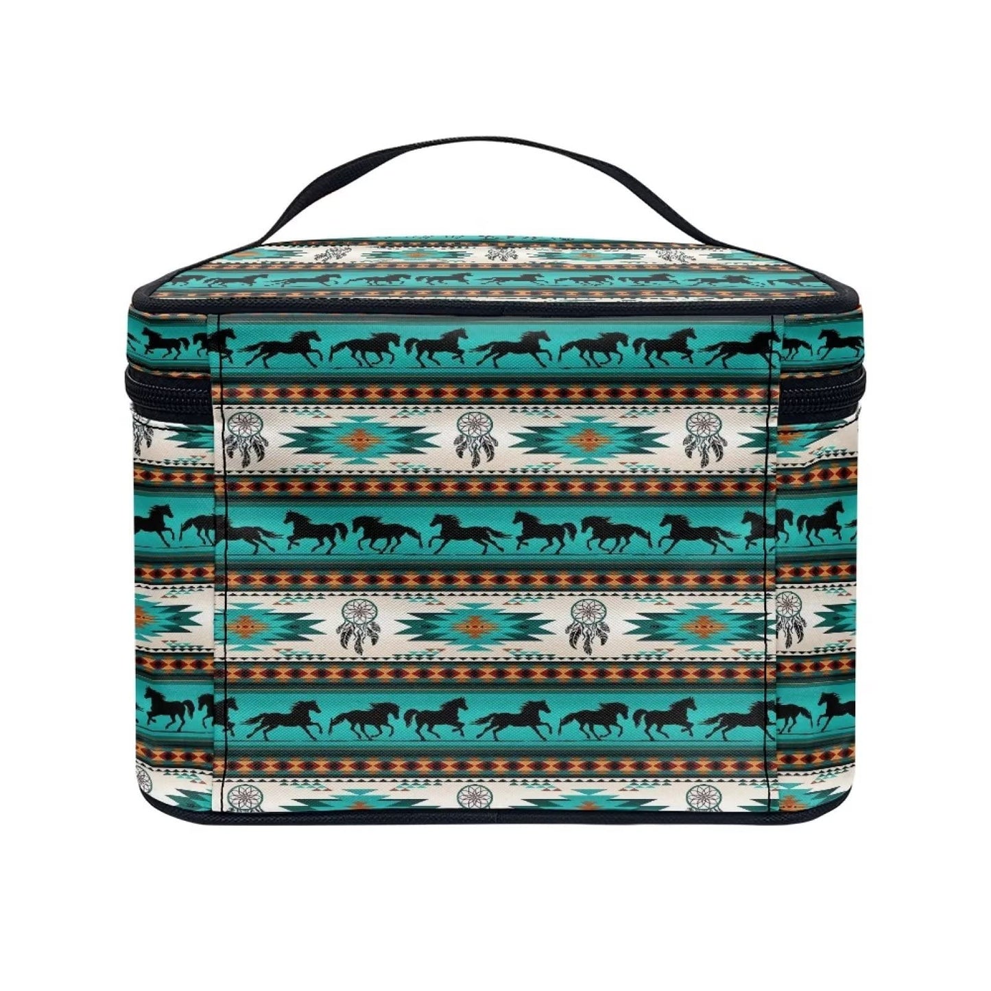 JEOCODY Cosmetic Bag Travel Organizer Southwest Tribal Horse Print Travel Makeup Cosmetic Case Storage Bag Portable Travel Makeup Train Case for Cosmetics Makeup Brushes, Girls, Women, Friends Gifts