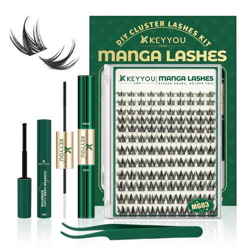 KEYYOULASH Manga Lash Clusters Kit 8-18mm Eyelash Clusters Kit DIY Lash Extension Kit Natural Fairy Cluster Lashes with Lash Bond Seal Remover Applicator Soft Thin Band(MG03)