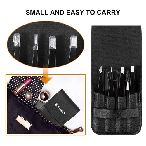 SetSail 4-Piece Tweezers Set, Eyebrow Tweezers Black Stainless Steel Slant, Slanted Pointed, Round Pointed & Flat Tip Tweezers for Precision Grooming for Women & Men