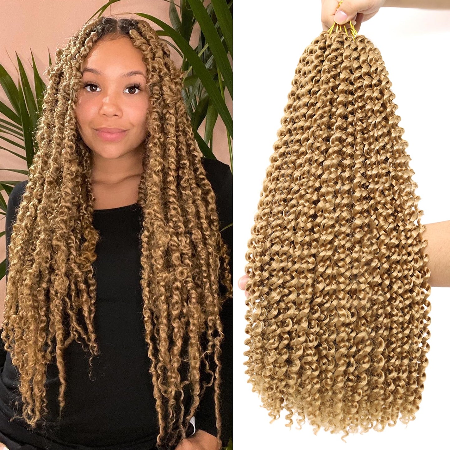 Dorsanee Honey Blonde Passion Twist Hair 18 Inch 7 Packs Water Wave Crochet Hair Long Bohemian Curly Braiding Hair for Butterfly Locs, Faux Locs, Boho Style Spring Twist Crochet Braids (27#)