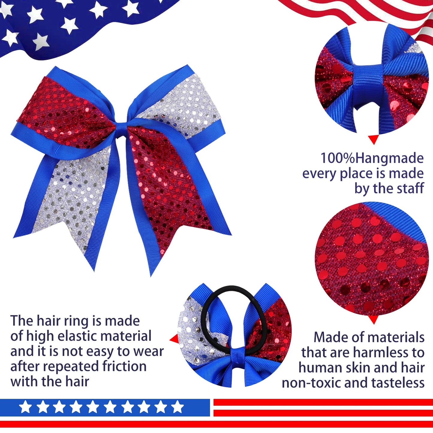 12pcs 8" American Flag Cheer Bows for Girls, Oaoleer 4th of July Cheerleading Hair Bow Independence Day Hair Accessories for Teens Women Girls