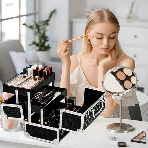 Leeora&Leekoo Makeup Train Case with Lighted Mirror,Portable Makeup Box Organizer (Black)