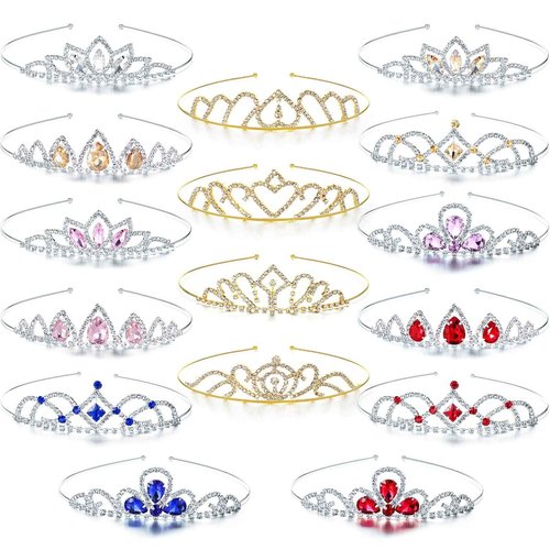 Haull 16 Pieces Girls Colorful Crystal Rhinestone Tiara Headband Princess Crown for Birthday Parties, Hair Styling, School Activities, Festival Celebrations