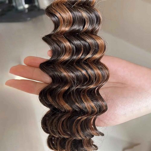 Ombre P1B/30 Highlight Bundles Human Hair Unprocessed Brazilian Virgin Human Hair Single Bundle Black Mixed With Brown 24 Inch Deep Wave Bundle Double Weft Hair Extension for Women 100g Total