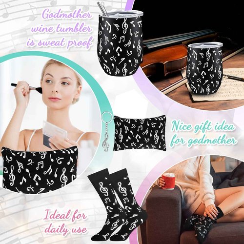 Sliner 4 Pcs Music Lover Gifts for Women Men Christmas Music Teacher Gifts Musical Note Wine Tumbler Socks Makeup Bags Keychains for Choir Marching Band Musicians Singers Gift Accessories(Black)