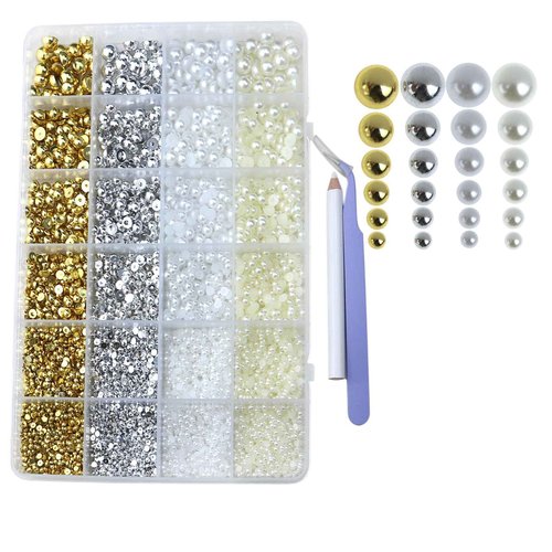Pearls for Crafting Nail Charms Flat Back Nail Pearl 6 Size Half Round Beads for Embellishment Face Shoes Dress Small Accessories for DIY Jewelry Phone Making Gold Silver White Beige Bulk