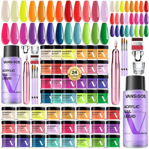 VANSISOS Acrylic Nail Kit for Beginner: Complete Set with 24 Colors Acrylic Powder & Liquid Long Last Durable Quick Dry for Nail Manicure with Nail Drill and Basic Accessories