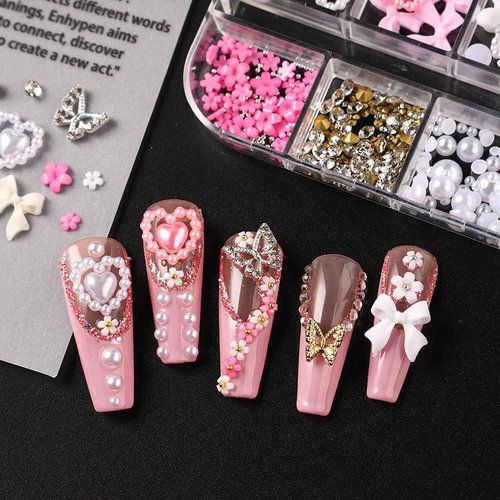 3D Nail Charms and Gems Set - 12 Grid Butterfly Charm Glitter Rhinestones Small Flower Steel Beads Pearl Bow DIY Mixed Nail Art Accessories Cute Butterflies Supplies DIY for Floral Manicure Craft