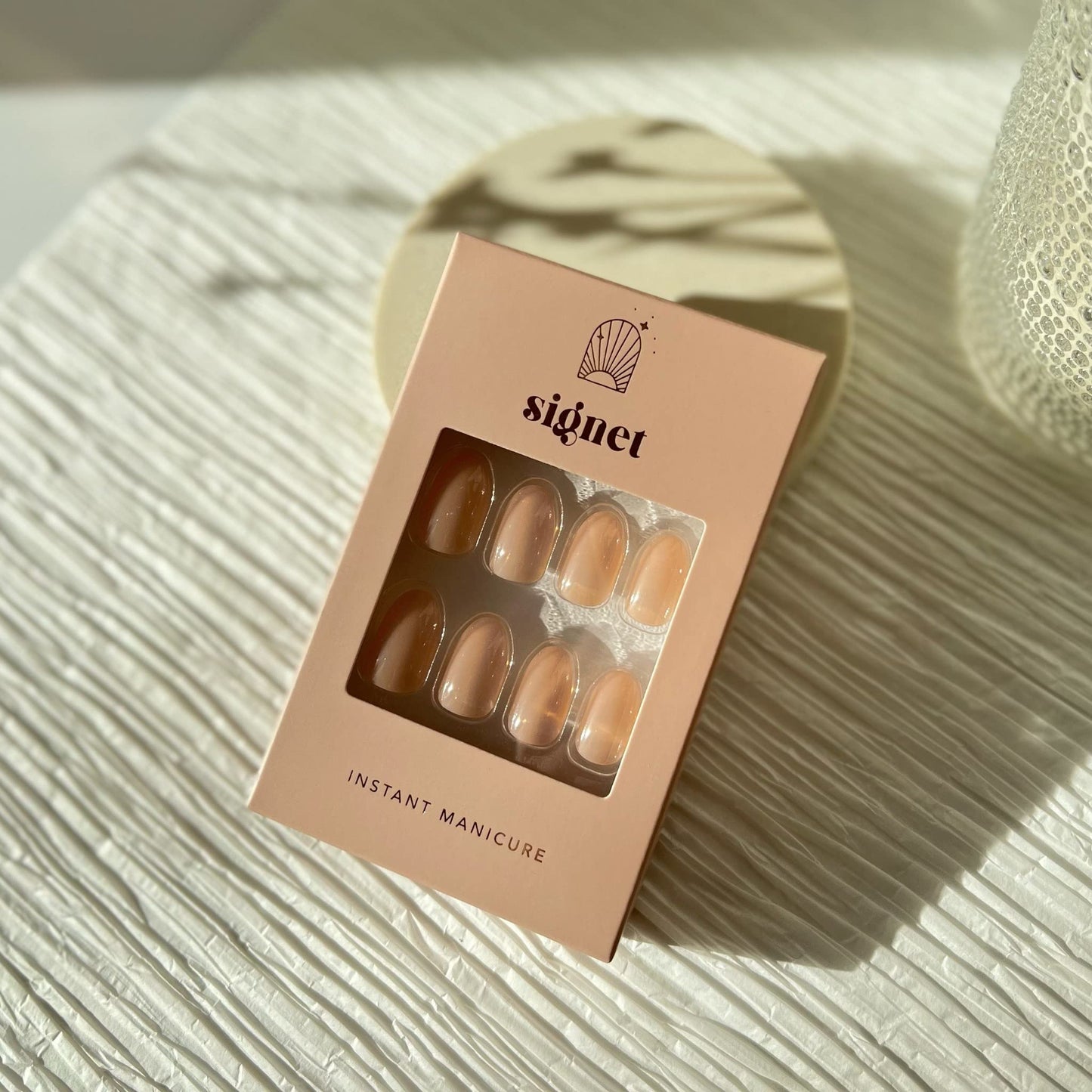 Signet Press On Nails - Glazed | Long Lasting Short Almond Nail Manicure Kit - Easy to Apply - Nail Kit includes 24 Nails in 12 Sizes, Nail Glue, Adhesive Gel Tabs, Nail File, & Cuticle Stick