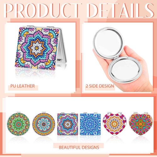 Thyle 6 Pcs Painting Compact Mirror DIY Painting Pocket Portable Folding Purse Mirror with Magnification Diamond Art Kits for Women Gifts