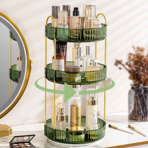 Weidace 360 Rotating Makeup Organizer for Vanity, Bathroom Countertop Spinning Perfume Organizer, High-Capacity Cosmetic and Skincare Dresser Make Up Holder Rack (3 Tiers, Green)