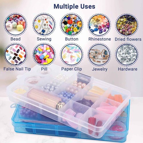 Cosics 10pcs Fake Nail Storage, 15-Grid Small Plastic Rhinestone Organizer Box, Acrylic False Nail Tips Container, Jewelry Display Holder, Tackle Hair Art Craft Accessories Empty Case with Dividers