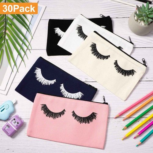 Weewooday 30 Pieces Eyelash Makeup Bags Canvas Makeup Bags Eyelash Cosmetic Bags Travel Make up Pouches with Zipper for Women, 5 Colors (7.1 x 4.3 Inch)