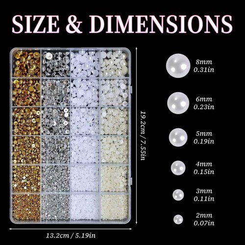 Lifextol 10000pc Gold & Silver Nail Charms and Gems Set: Round Resin Nail Art Rhinestones, Small, Medium, Large Sizes, Flatback, Y2K, DIY & Salon Use